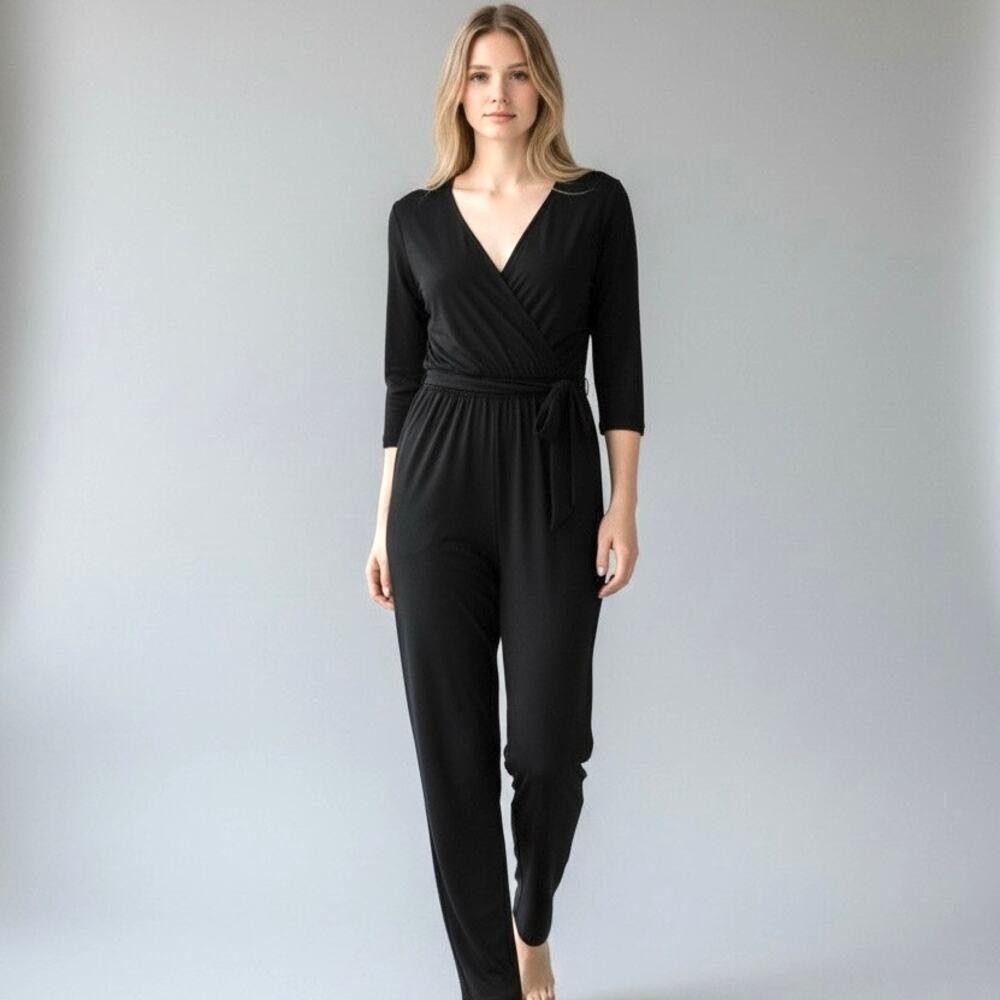 ANNALEE & HOPE Women's FAUX WRAP JUMPSUIT Black SIDE TIE 3/4 Sleeve Size XL